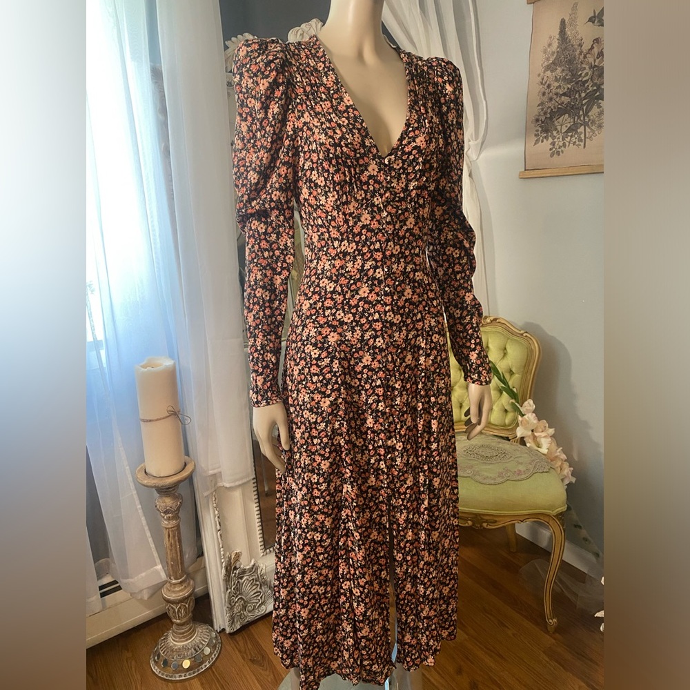 Astr 90s pink and black ditsy floral print Ruched midi with Bishop Sleeves
